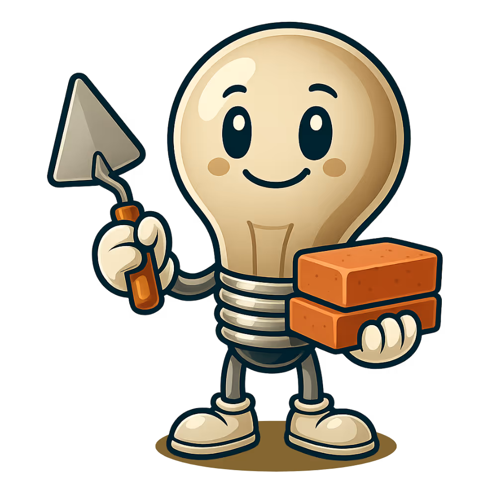 Friendly lightbulb character holding a trowel in one hand and two bricks in the other. Represents building skills, entering the workforce, and taking the next step toward meaningful employment.