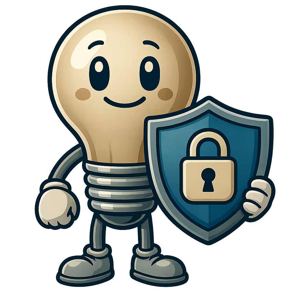 Illustration of a smiling lightbulb character holding a shield with a padlock, representing the concept of data privacy and protection.