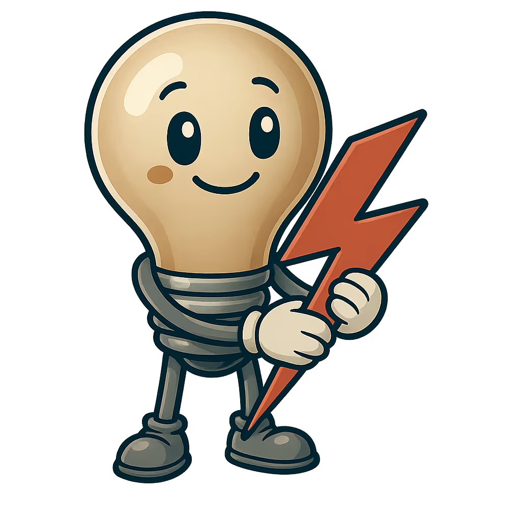 Illustration of a smiling lightbulb character holding a red lightning bolt, symbolizing energy, confidence, and personalized empowerment.