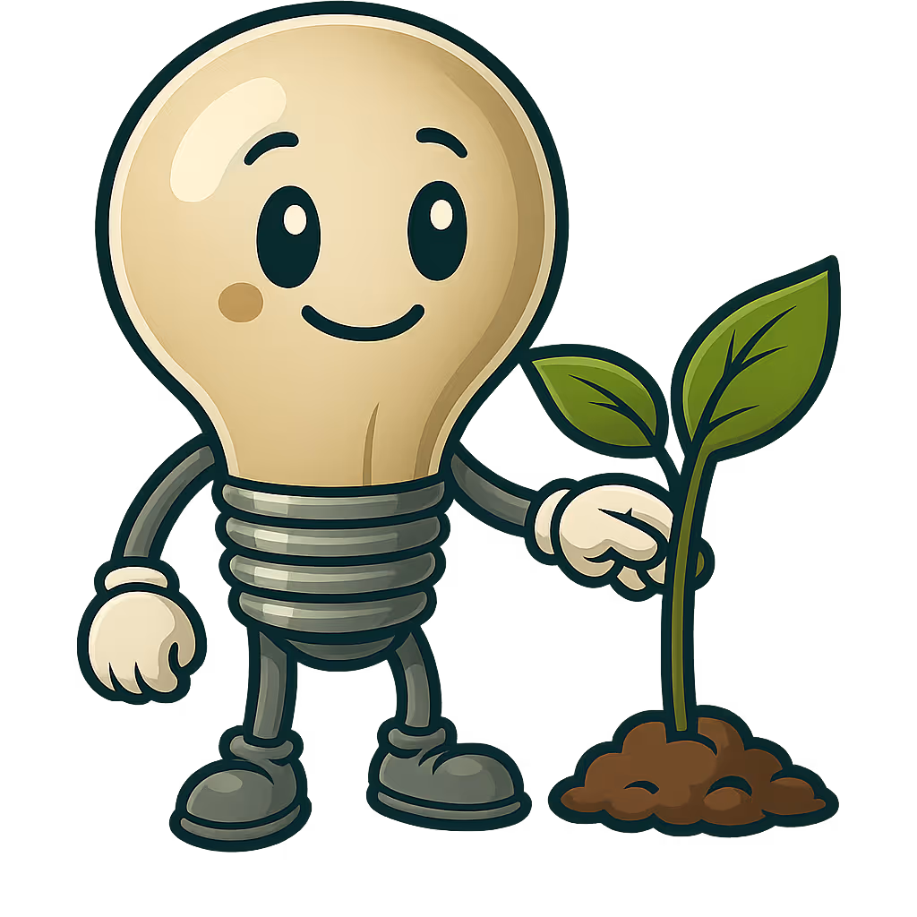 Illustration of a smiling lightbulb character gently touching a growing plant, symbolizing lifelong learning and personal growth.