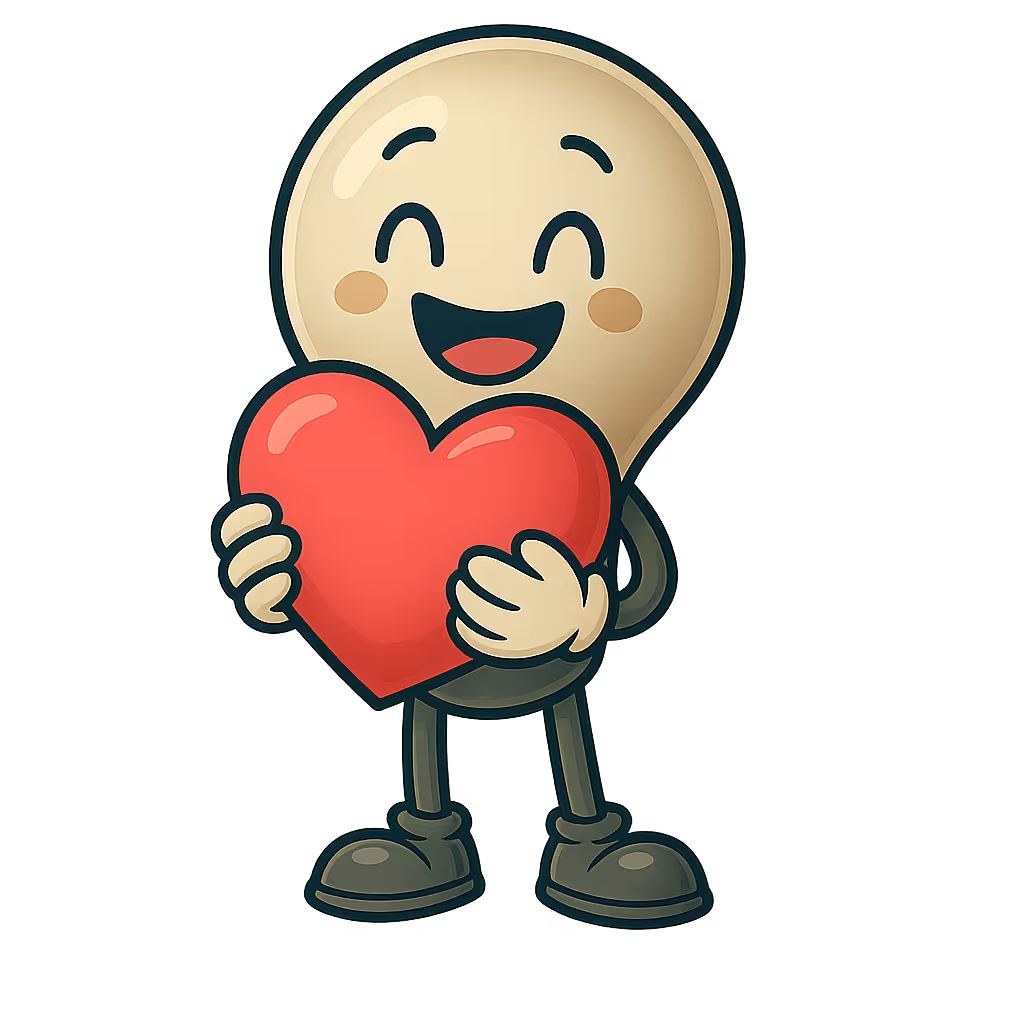 Illustration of a smiling lightbulb character holding a red heart, representing purpose, emotional connection, and meaningful impact.