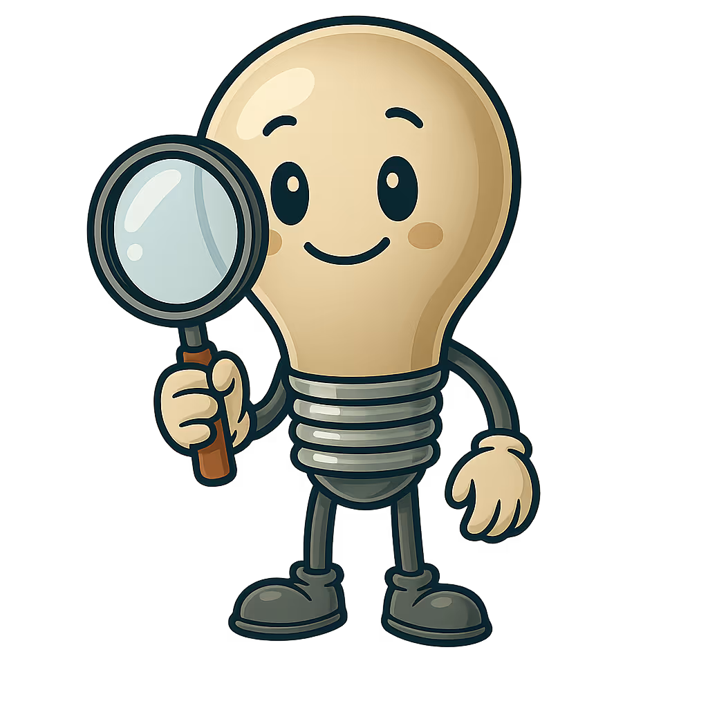 Illustration of a smiling lightbulb character holding a magnifying glass, symbolizing transparency, openness, and trust.