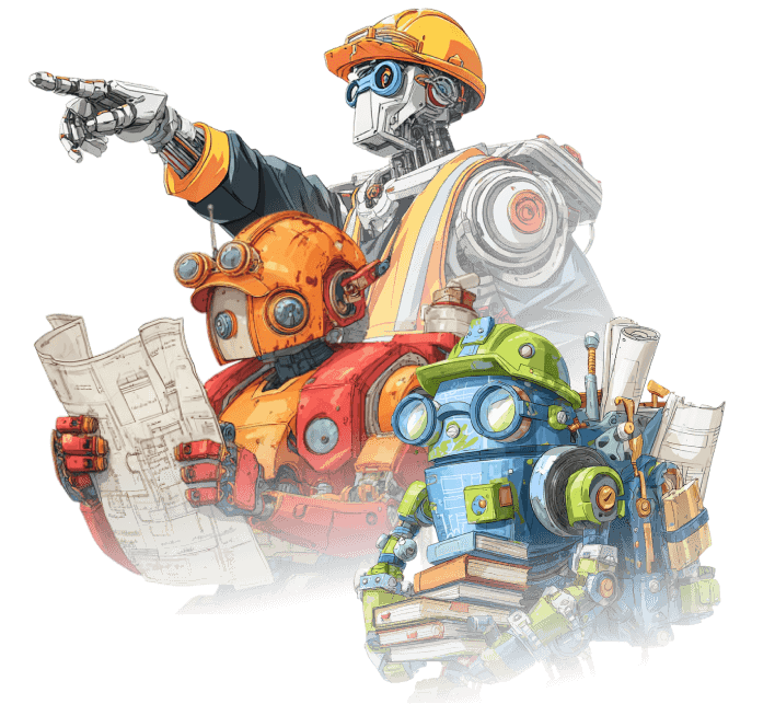 A trio of three robots. A white and black robot pointing. A red and orange robot holding up blueprints. A small blue green carrying books and other documents in its backpack.
