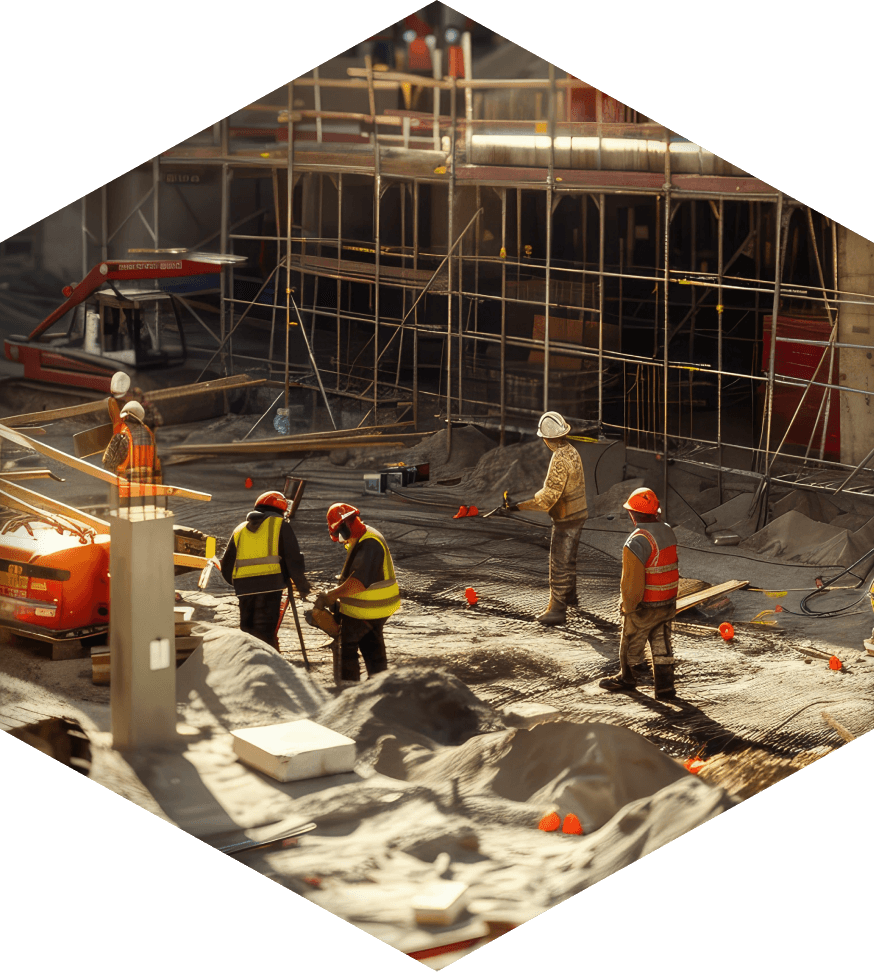 A scenic view of multiple field engineers working on a construction site