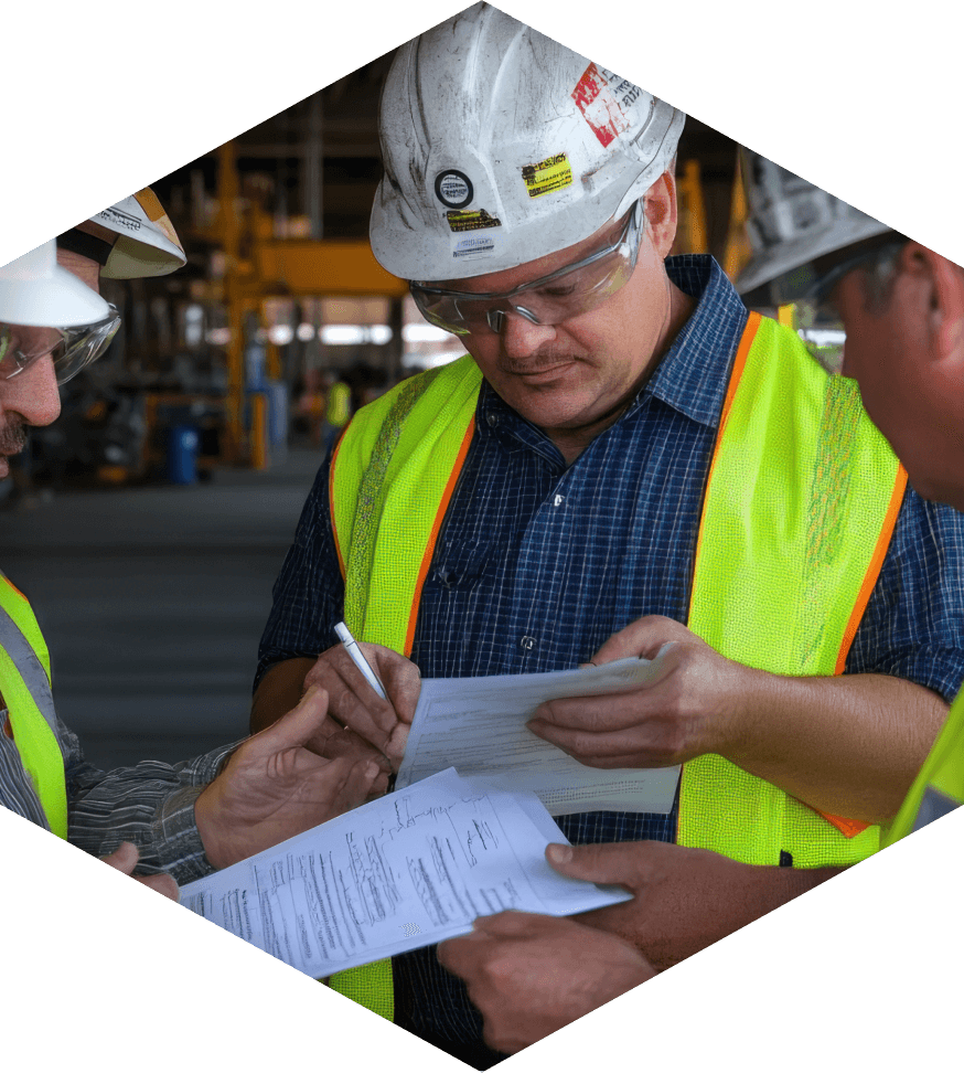 A group of 4 engineers standing in a huddle on a construction site, looking at paperwork
