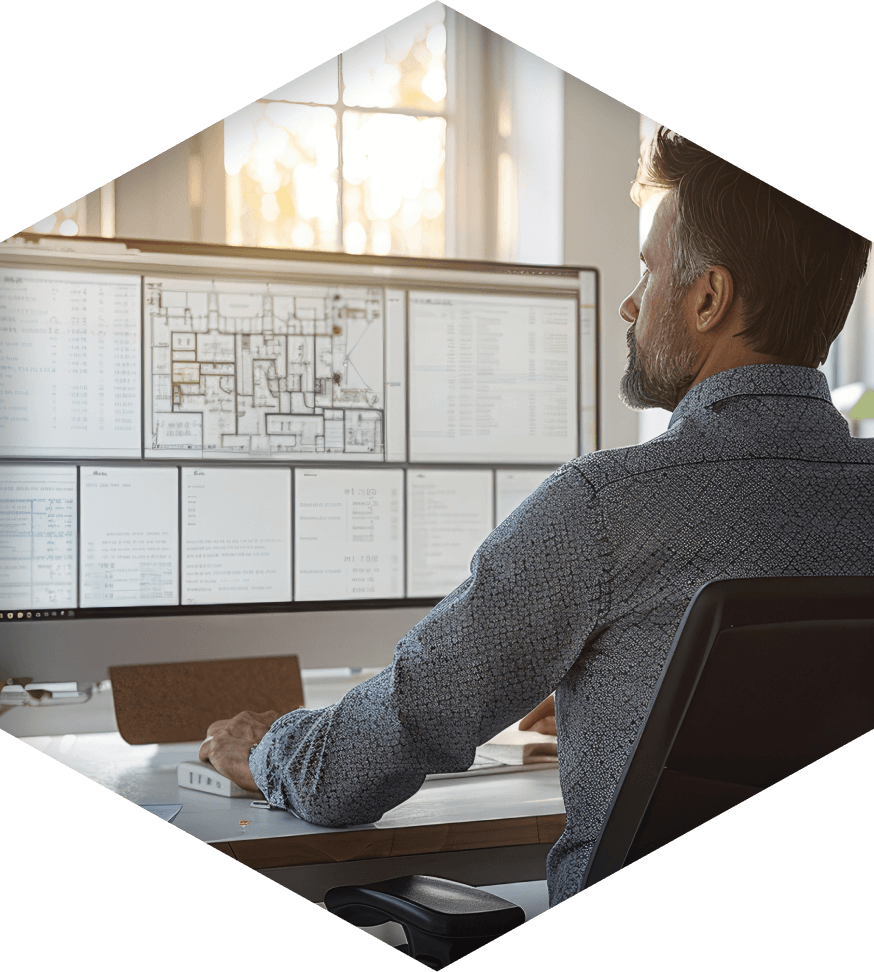 An estimator sitting at his desk and evaluting a project on his desktop computer