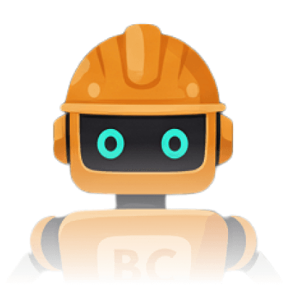 A trio of three robots. A white and black robot pointing. A red and orange robot holding up blueprints. A small blue green carrying books and other documents in its backpack.