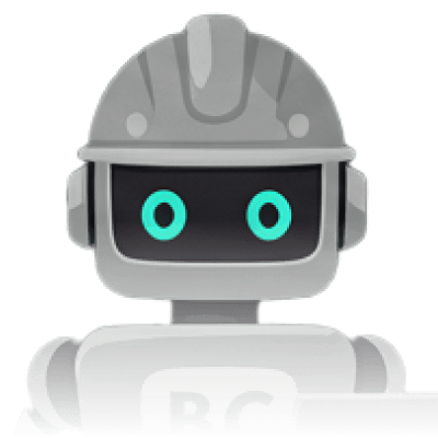 A trio of three robots. A white and black robot pointing. A red and orange robot holding up blueprints. A small blue green carrying books and other documents in its backpack.
