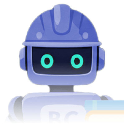 A trio of three robots. A white and black robot pointing. A red and orange robot holding up blueprints. A small blue green carrying books and other documents in its backpack.