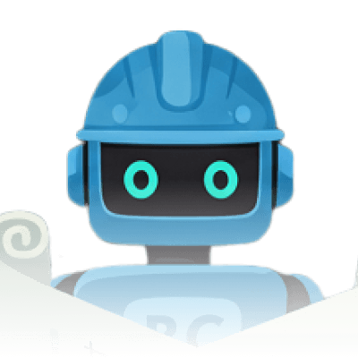 A trio of three robots. A white and black robot pointing. A red and orange robot holding up blueprints. A small blue green carrying books and other documents in its backpack.