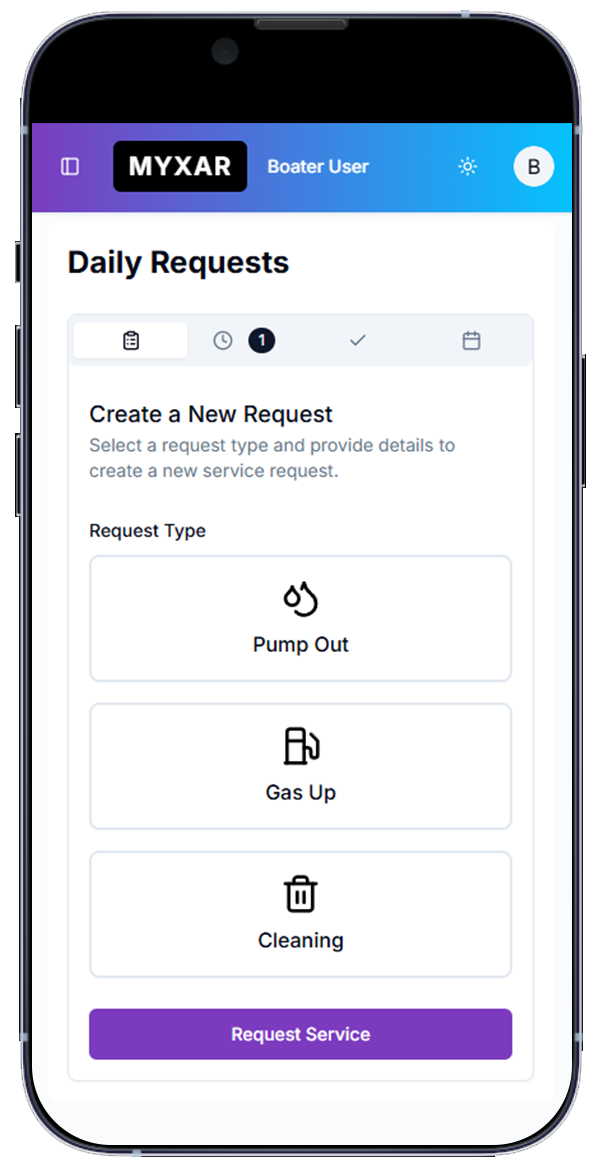 Mobile interface of the Myxar platform displaying daily request options for pump-out, one-way, and fueling services at a marina.

