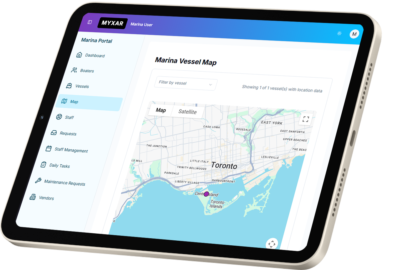 Tablet display showing the Myxar staff dashboard with a map of active marina service activity across the Toronto waterfront.