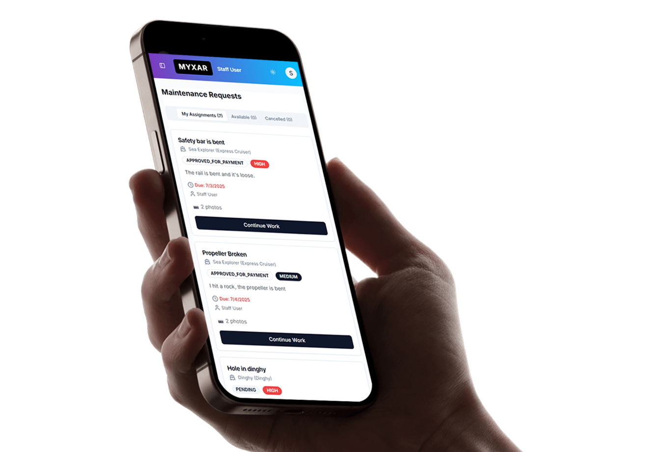 Hand holding a smartphone displaying a marina task management app interface, featuring real-time updates and service request statuses.