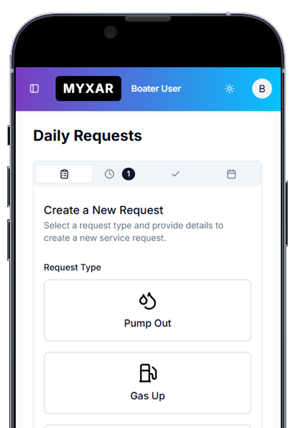 Mobile interface of the Myxar app showing daily marina service requests, including options for pump-out and boat repair scheduling.