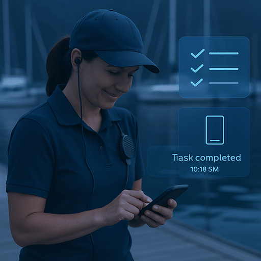 Marina staff member using a mobile device with digital task management interface overlay, showing task completion in a dockside setting.