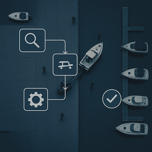 Aerial view of a marina with a schematic overlay illustrating dock layout, slip assignments, and facility zones for organizational planning.