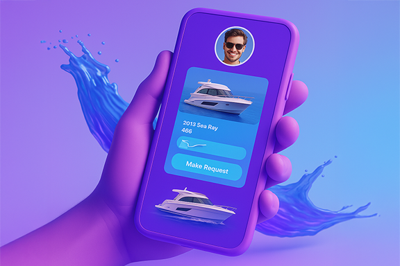 3D illustration of a hand holding a smartphone displaying a yacht rental app with a 2015 Sea Ray 455 listing and a "Make Request" button, set against a splashy aquatic background.