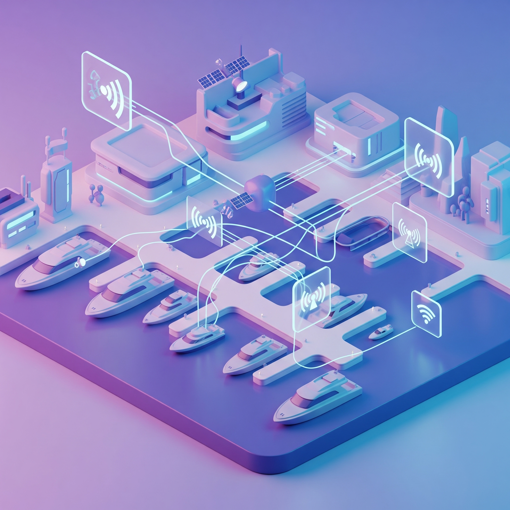 3D illustration of a hand holding a smartphone displaying a yacht rental app with a 2015 Sea Ray 455 listing and a "Make Request" button, set against a splashy aquatic background.