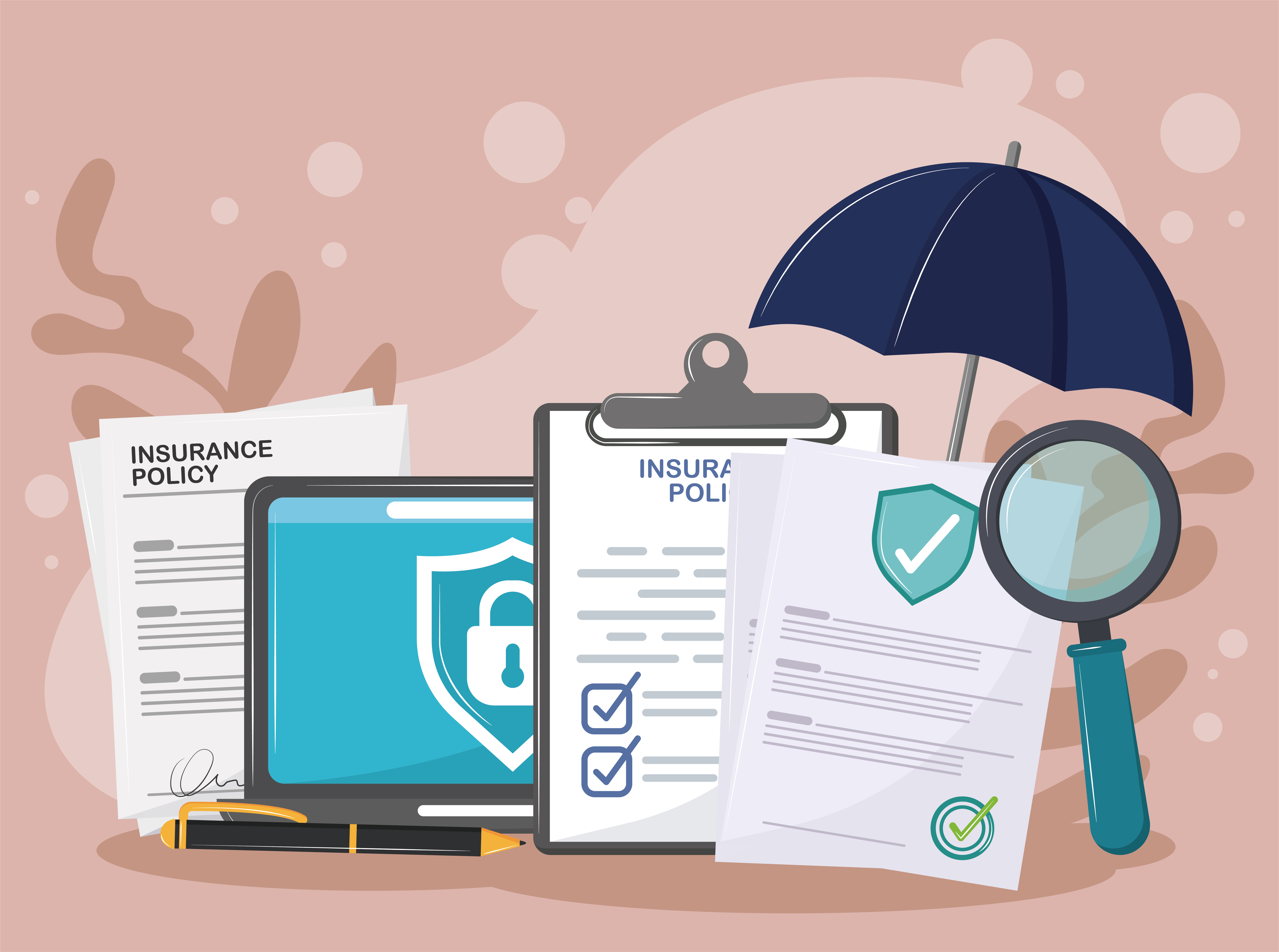 Insurance policy papers and laptop showing security badge.