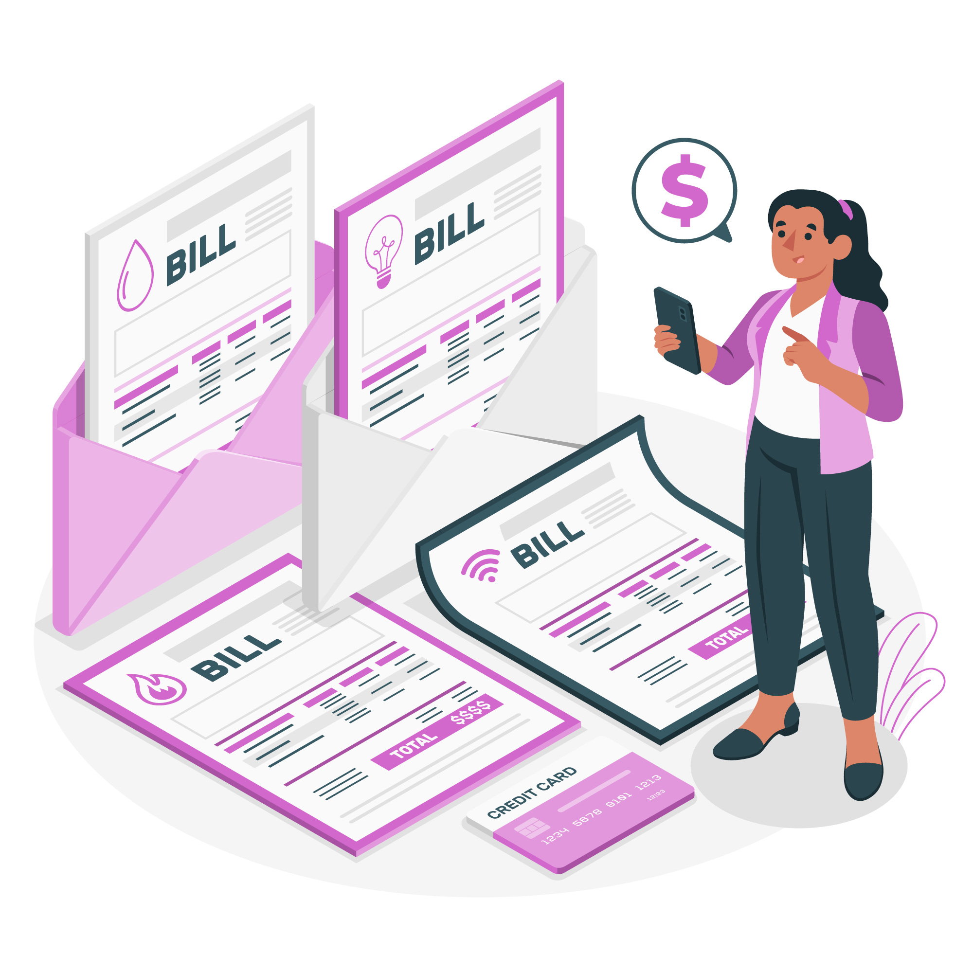 Girl standing with a mobile and on sheets laid of bills.