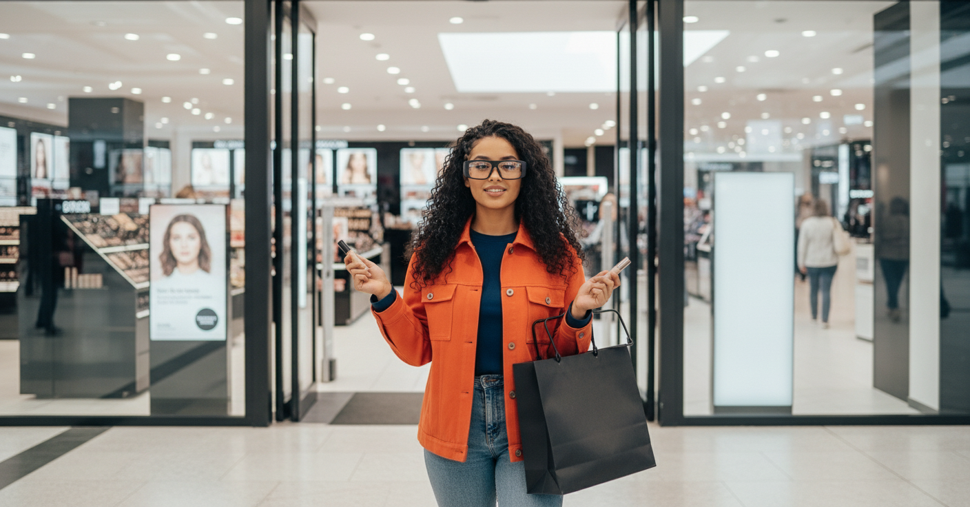 person with ar glasses holding a black shopping bag with makeup in both hands wearing an orange jacket and blue jeans