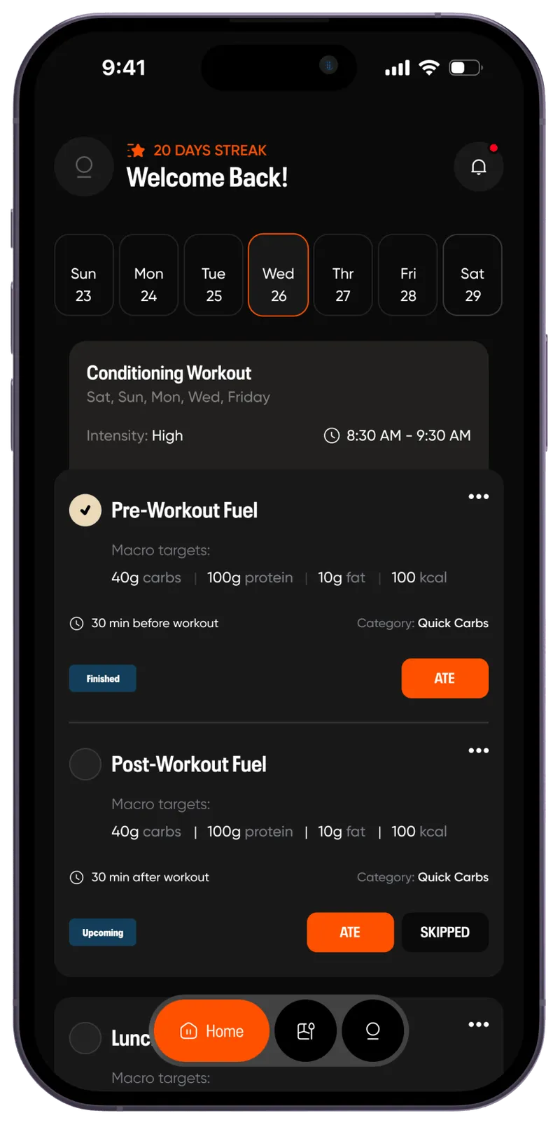 The FuelWarden home page with a clean display of a meal plan for the entire week