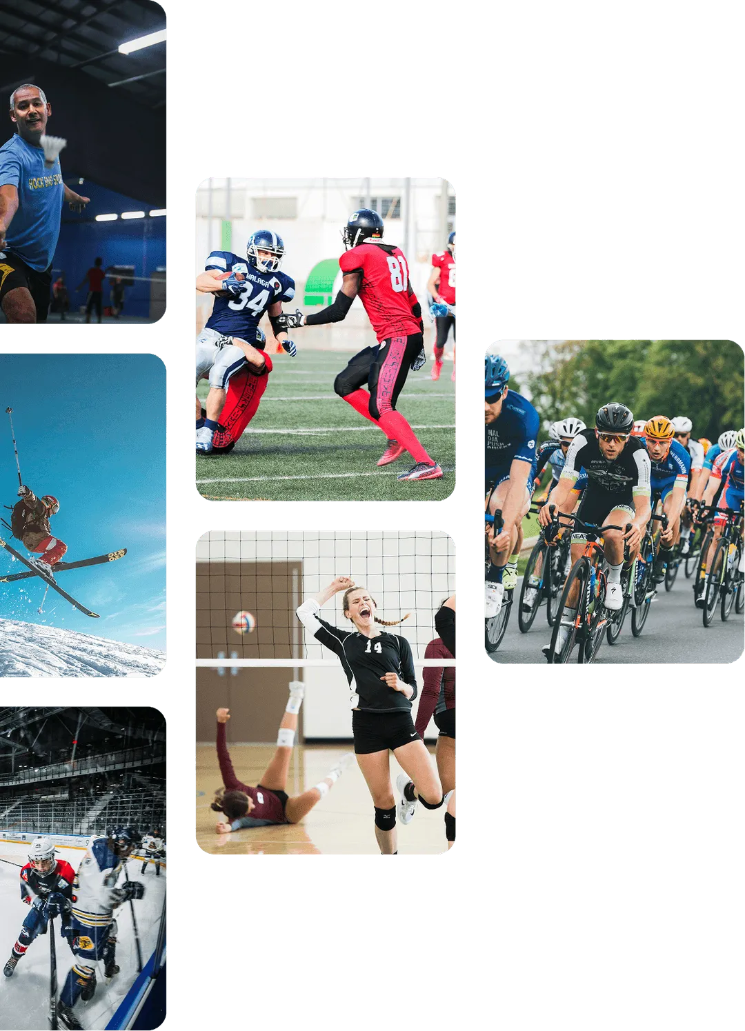 Various images of athletes doing sports including football, volleyball, biking, hockey, tennis, and skiing