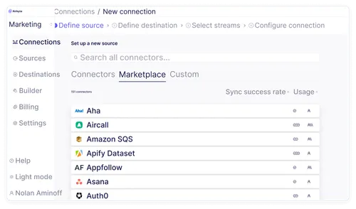 Airbyte connectors marketplace screenshot.