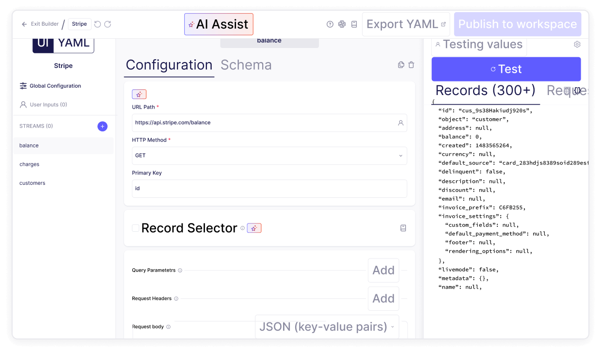 Airbyte AI Assist configuration screenshot.
