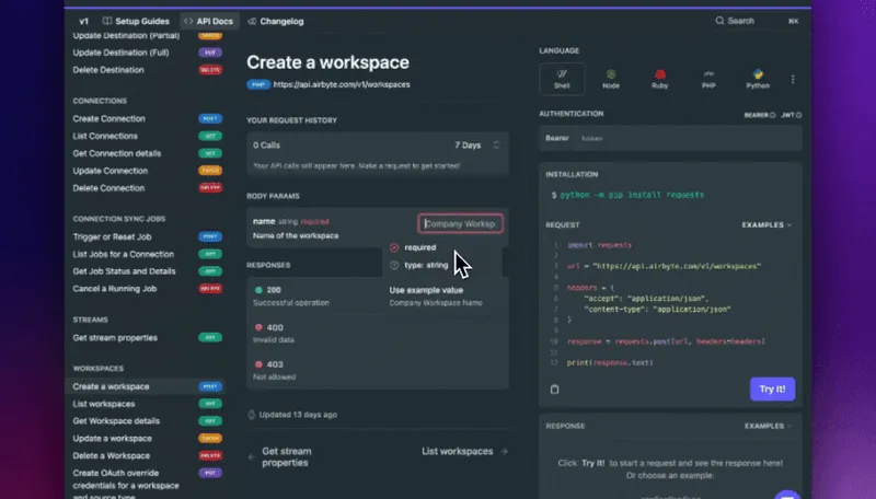 API Docs screenshot.