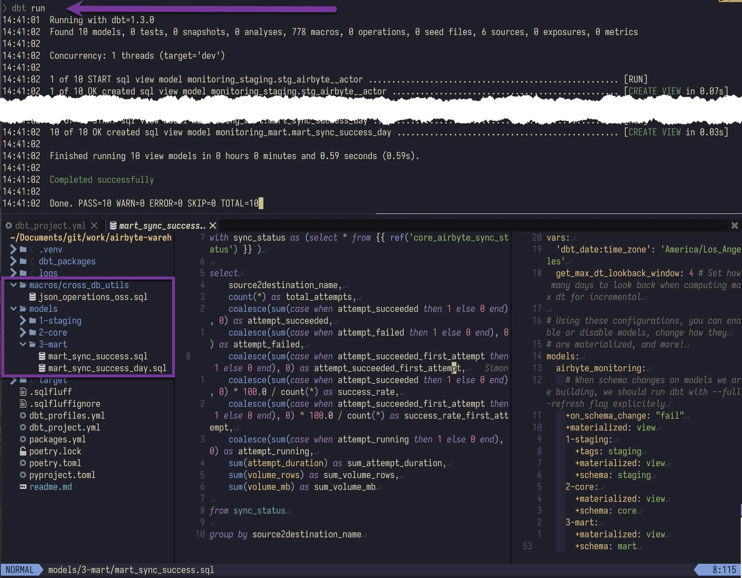 An example of dbt CLI in action when generating the tables and views with dbt run