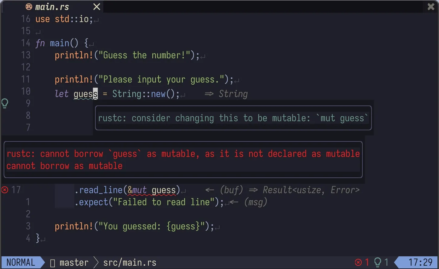 An example of how Rust surfaces an error during development and suggests changes