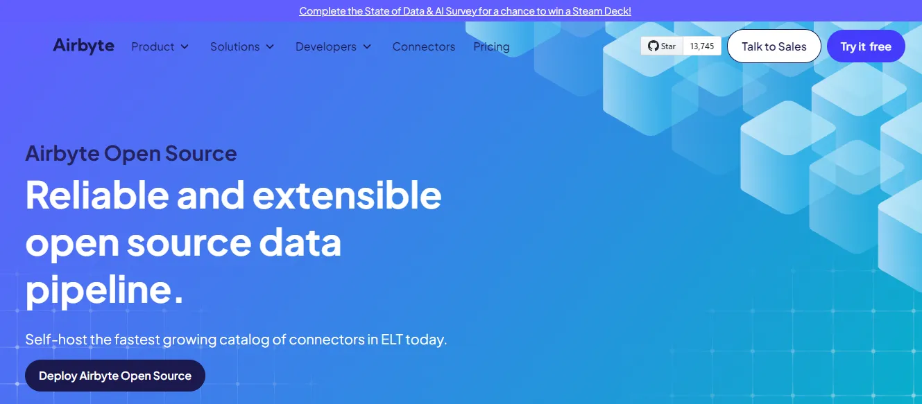 Airbyte data integration platform showing connectors and pipeline management capabilities for time-series data sources
