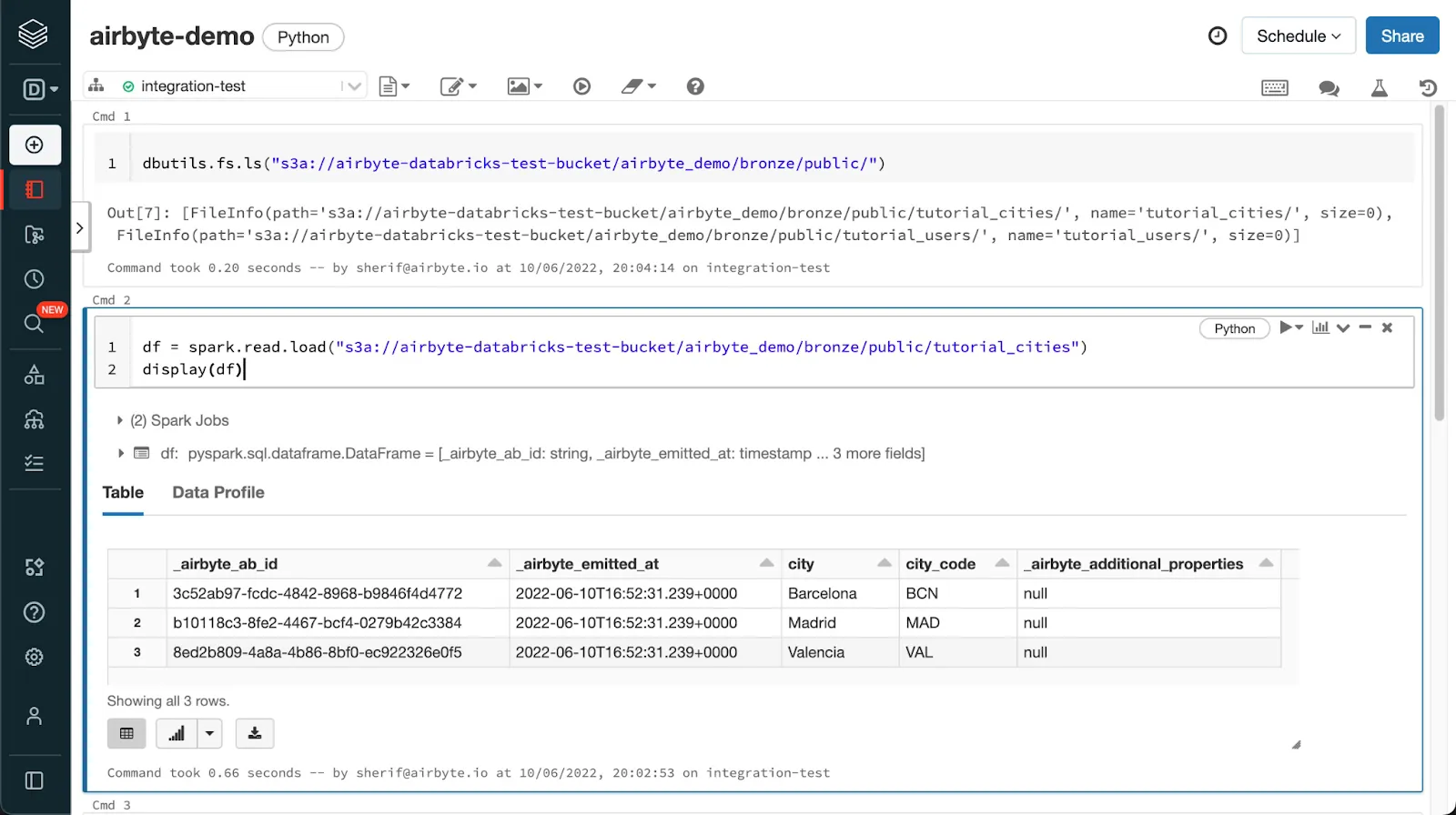 Querying the synced data from the Airbyte destination within a Databricks Notebook.