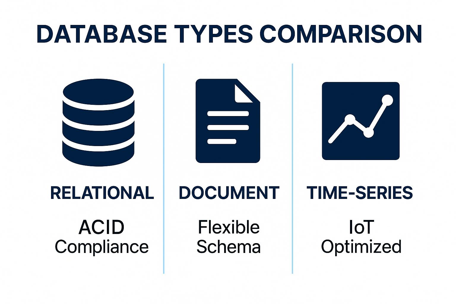 Database types comparison: Relational (ACID compliance), Document (flexible schema), Time-series (IoT optimized).