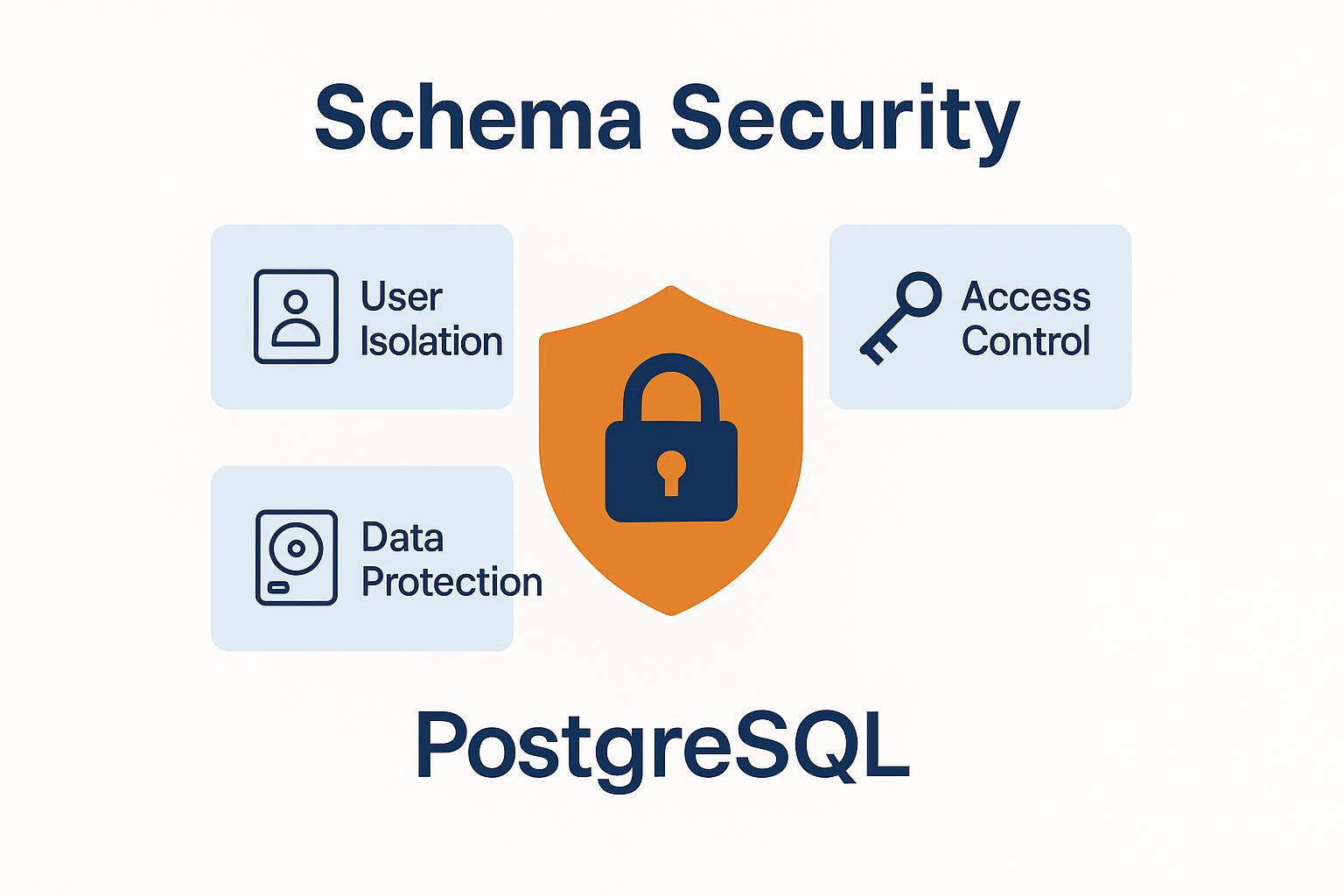 PostgreSQL Schema Security: Highlights user isolation, data protection, and access control with a central lock symbol, emphasizing secure database management practices.