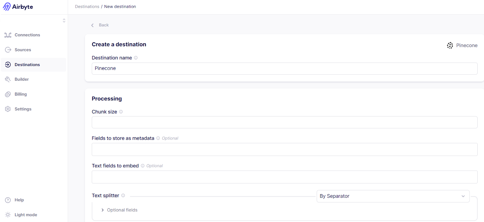 Configuring Pinecone Destination