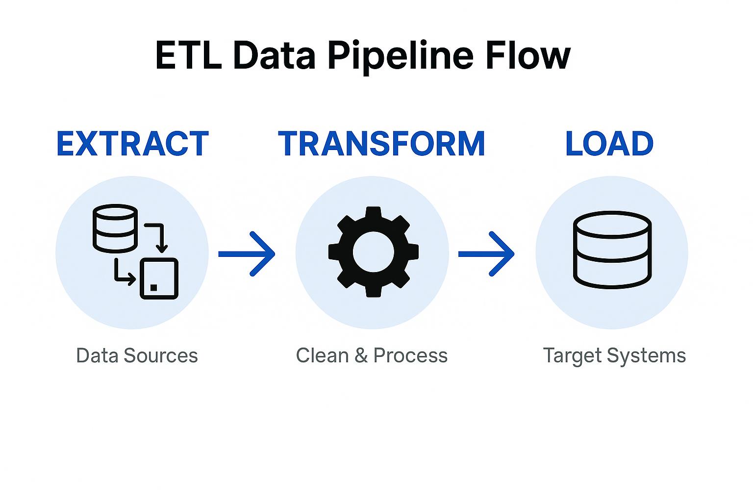 ETL Data Pipeline Flow diagram illustrating the steps: Extract data from sources, Transform through cleaning and processing, and Load into target systems.