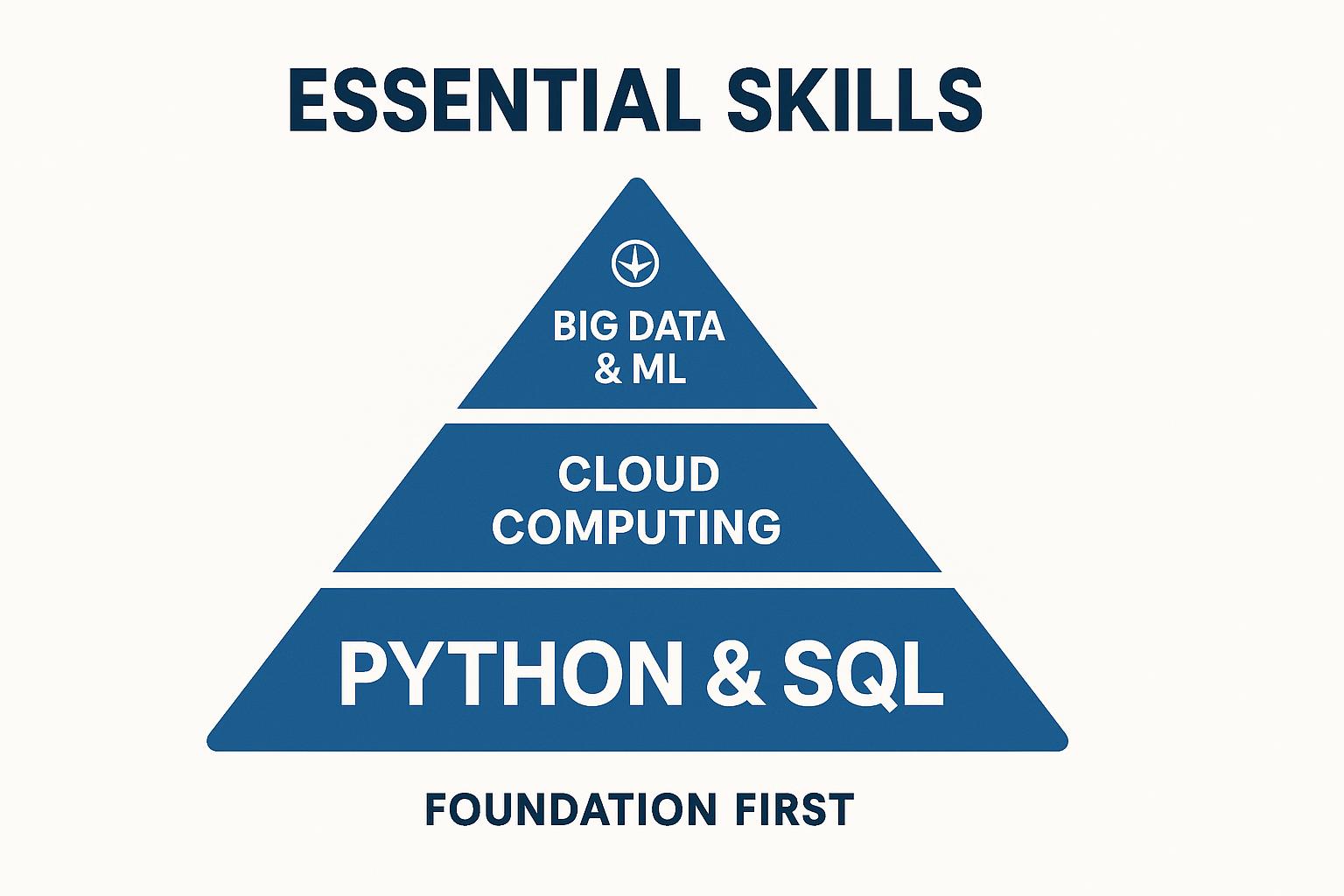 Pyramid illustrating essential skills: foundational Python and SQL, cloud computing, and advanced big data and machine learning.