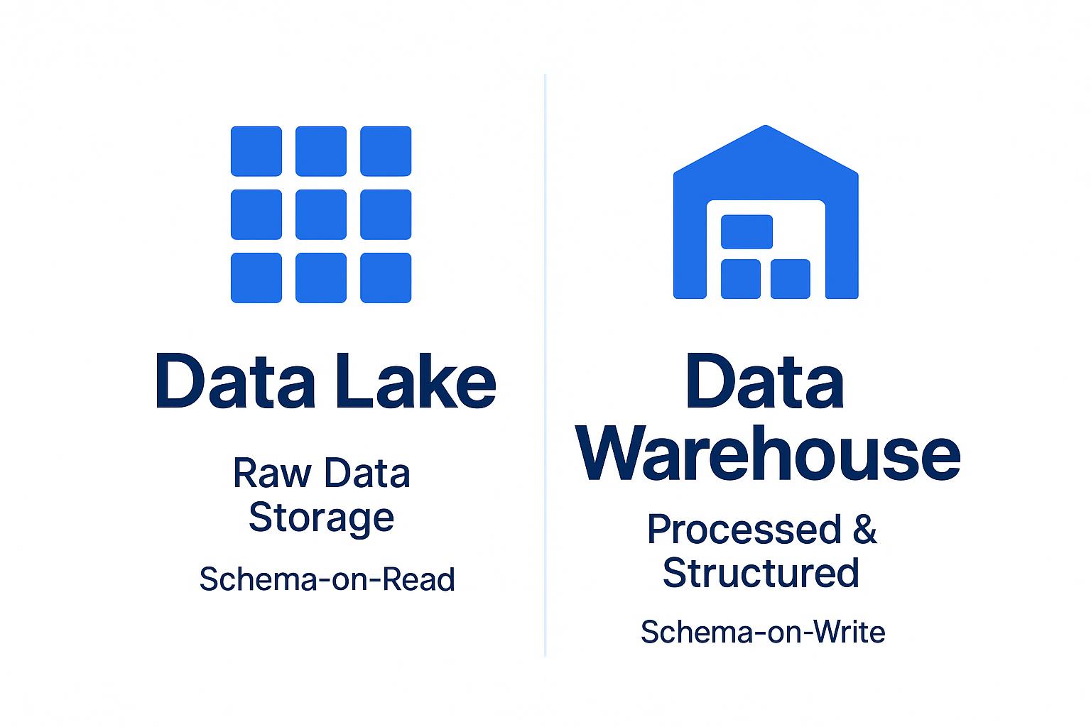 Comparison of Data Lake and Data Warehouse: Data Lake for raw data storage and schema-on-read; Data Warehouse for processed, structured data and schema-on-write.