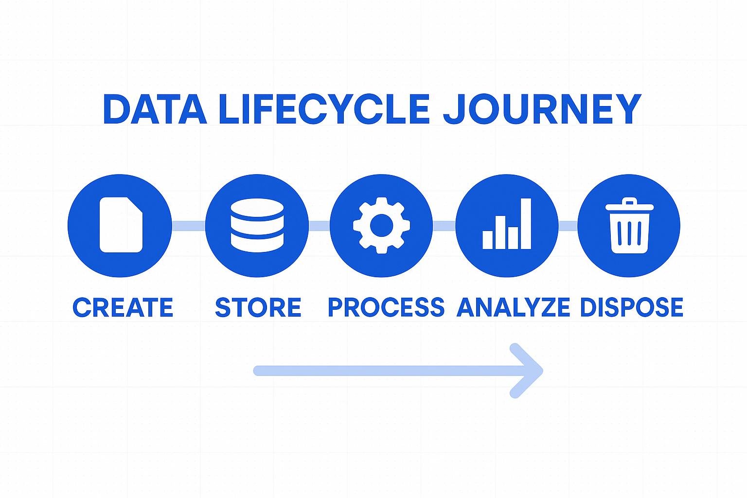 Data lifecycle journey illustration showing the stages: Create, Store, Process, Analyze, Dispose, with icons representing each step.