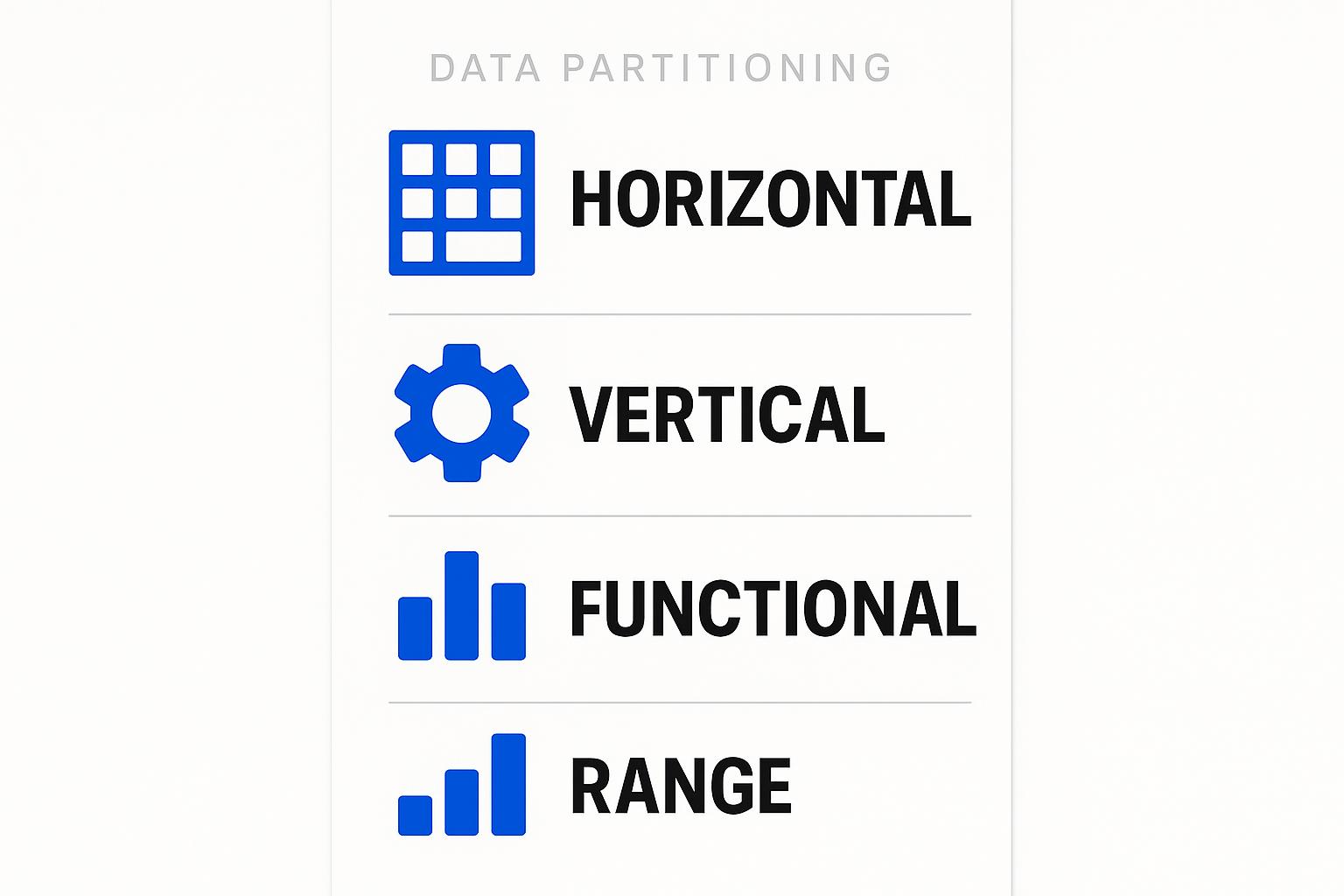 Data partitioning methods infographic featuring horizontal, vertical, functional, and range partitioning, each with distinct icons.