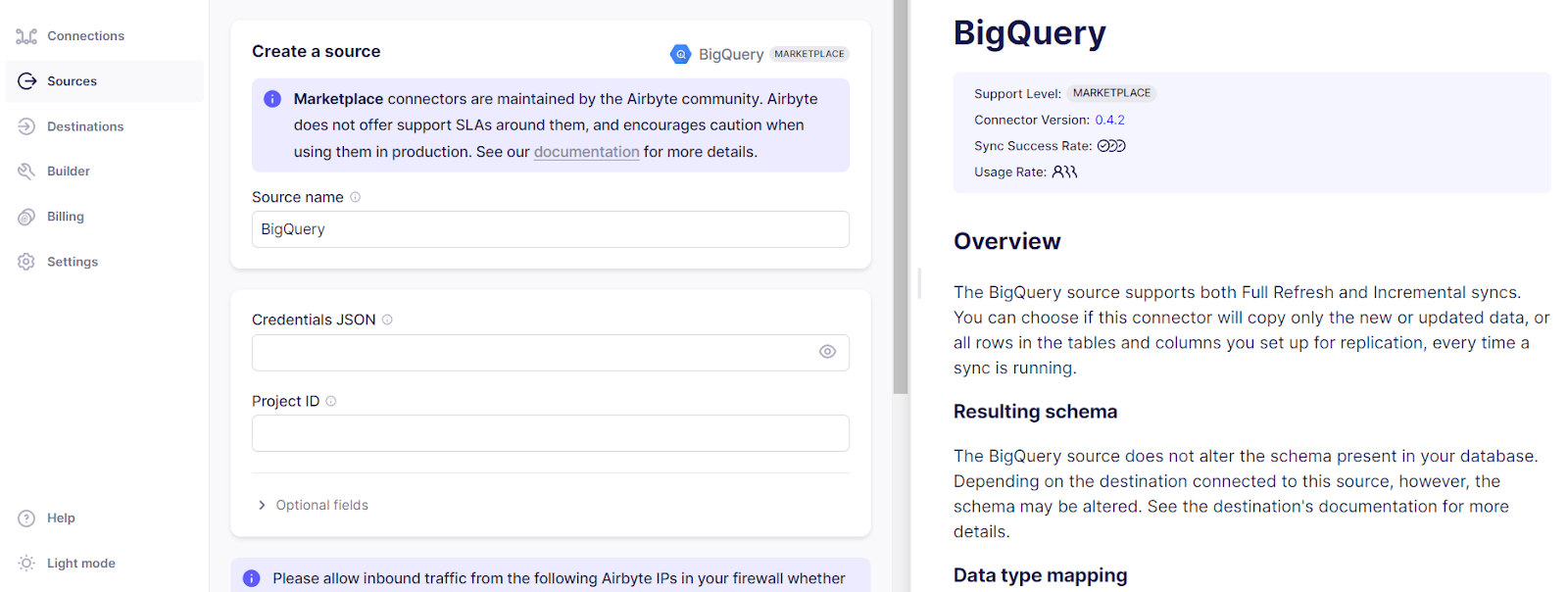 Configuring BigQuery as a Source