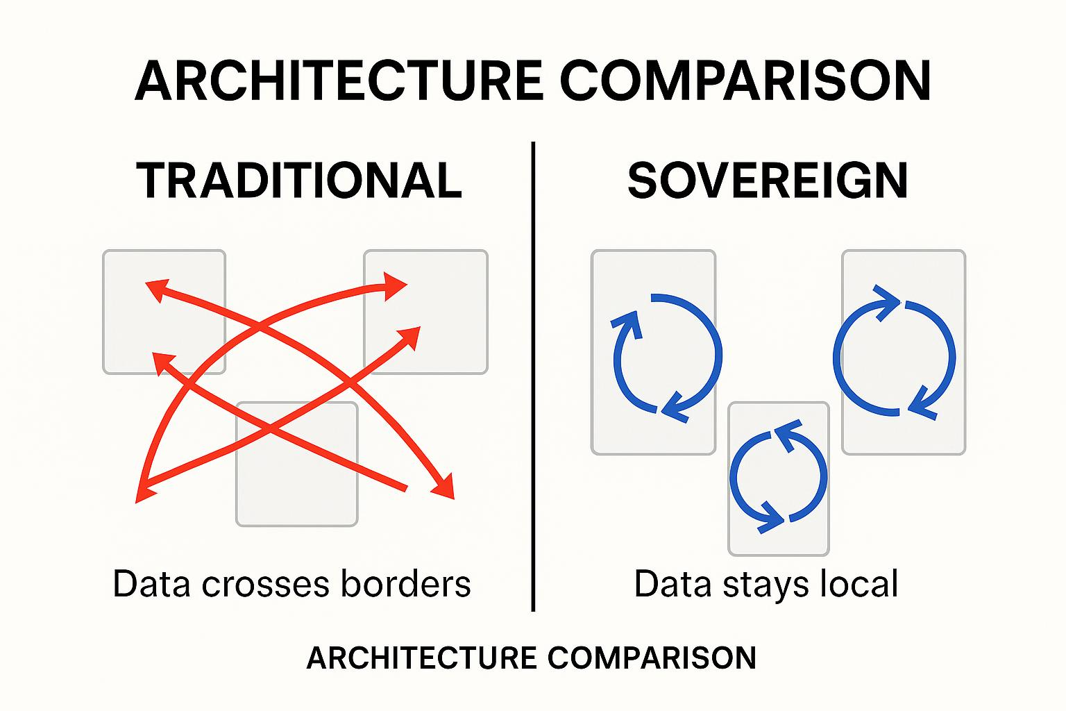 Comparison between traditional and sovereign data architectures; traditional involves cross-border data flow, while sovereign keeps data local.