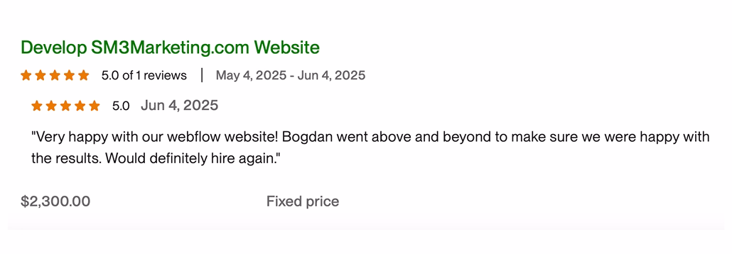 Review for SM3Marketing.com website development, 5-star rating, $2,300 fixed price, positive client feedback.