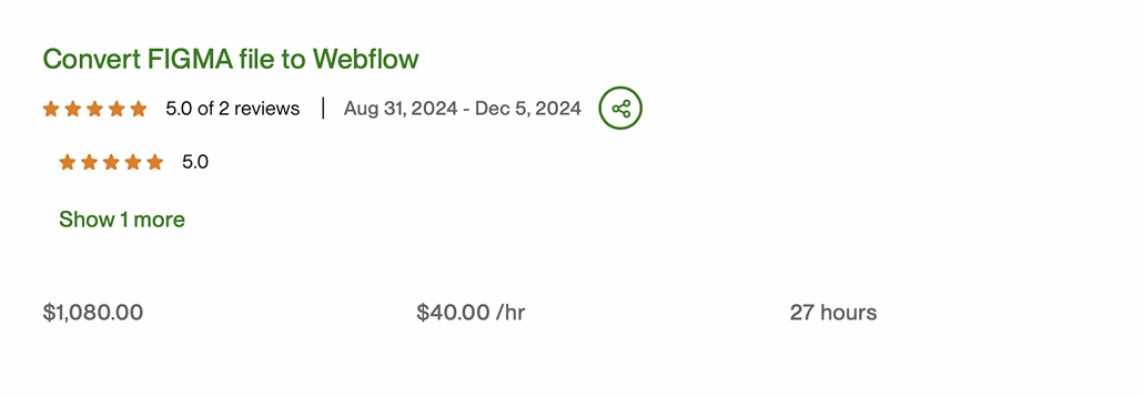 Project titled Convert FIGMA file to Webflow with 5-star rating, cost $1,080, rate $40/hr, 27 hours duration.