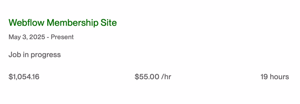 Webflow Membership Site project started May 3, 2025, in progress, $1,054.16 earned, $55 per hour, 19 hours worked.