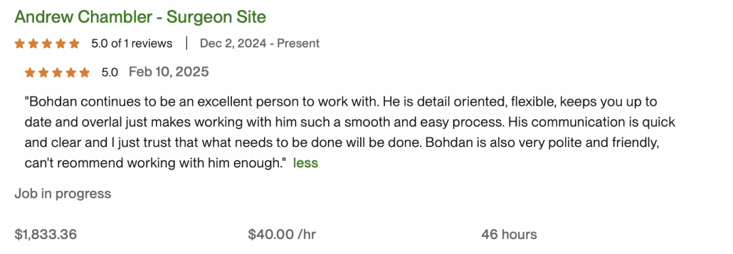 Review of Andrew Chambler rated 5 stars, praising his detail and communication; job in progress with costs and hours listed.