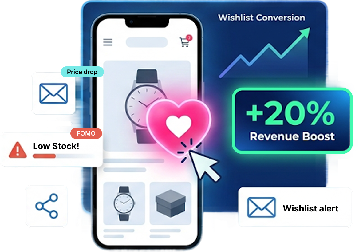 Flits Wishlist app showing wishlist conversion graph, price drop alerts, low stock FOMO badges, and a +20% revenue boost