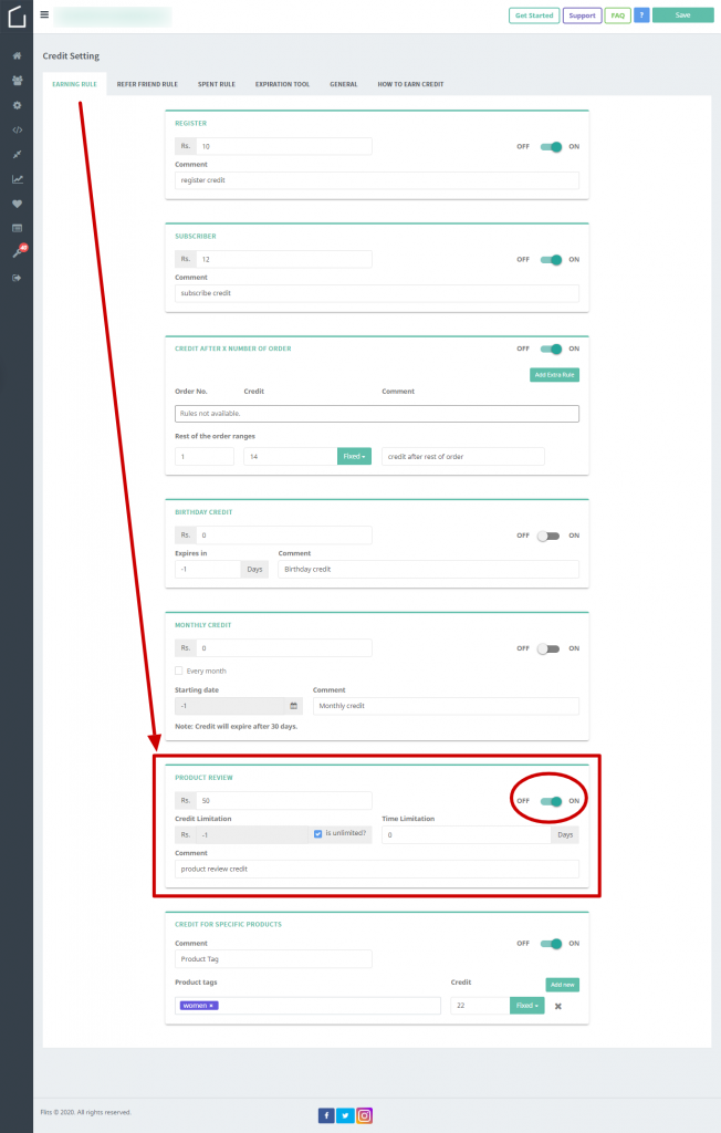 Credit settings